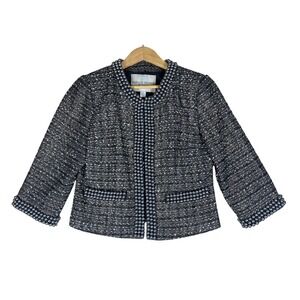 BOSTON PROPER Size 8 Tweed Crop Blazer Silver Gray Embellished 3/4 Sleeve Jacket